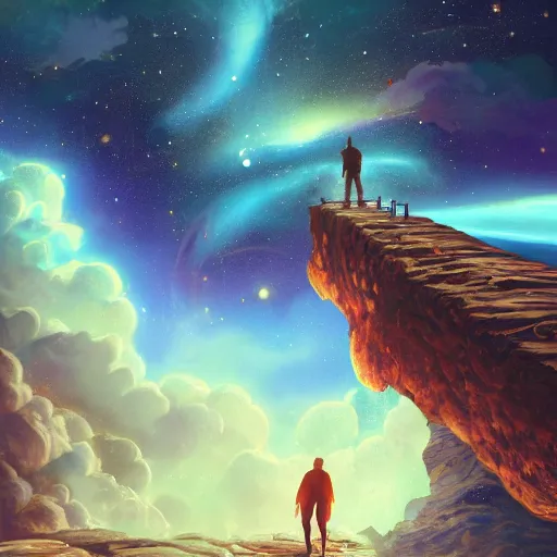 Image similar to energetic man in business suet walk on milky way, acrilic paint, digital, artstation, detailed intricate ink illustration, heavenly atmosphere, digital art, overdetailed art, concept art, complementing colors, trending on artstation, cgstudio, the most beautiful image ever created, dramatic, subtle, details, award winning artwork, beautiful scenery