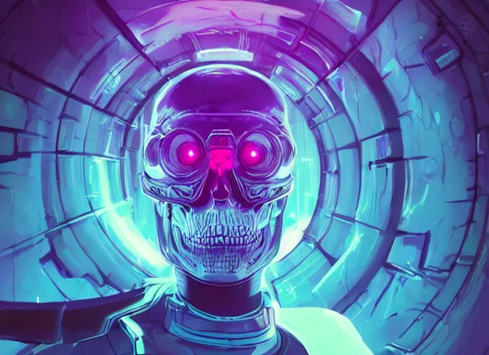 Image similar to a futuristic skull with glowing eyes and a wormhole tunnel cyberpunk art by beeple, featured on artstation, darksynth, synthwave