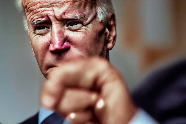 Prompt: closeup potrait of angry joe biden holding fist up at camera, screen light, sharp, detailed face, magazine, press, photo, Steve McCurry, David Lazar, Canon, Nikon, focus