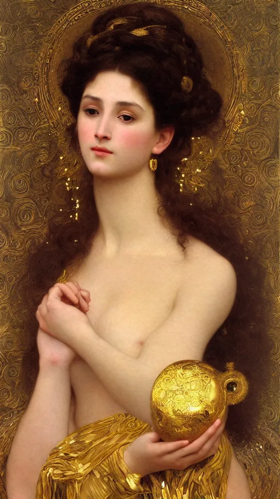 Image similar to painting portrait of a beautiful woman like an ancient goddess, intricate, elegant, digital painting, smooth, sharp focus, shiny gold, realistic gold, realistic metal, by William-Adolphe Bouguereau and Gustav Klimt,