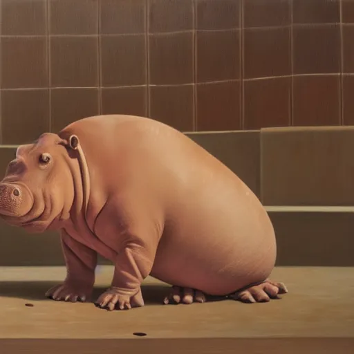 Prompt: A humanoid hippo wearing a towel sitting in a steamy sauna, oil painting, hyperrealism