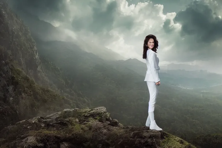 Image similar to a cinematic headshot portrait of a beautiful middle aged woman wearing futuristic white suit on the top of a mountain, overlooking a vast serene forest, large diffused light, neon light, 4 k, ultra realistic, dramatic lighting, rain, clouds, fog, vogue, fashion, glamour, magazine spread, by marco mazzoni and jessica rossier