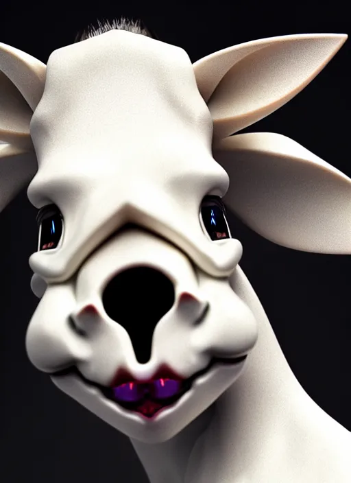 Image similar to hyper detailed ultra sharp portrait of a beautiful fashionable porcelain ivory donkey zombie with glowing eyes, up close shot, sharp focus, global illumination, radiant light, black haute couture, alexandre ferra, irakli nadar, octane render, 4 k, ultra hd,