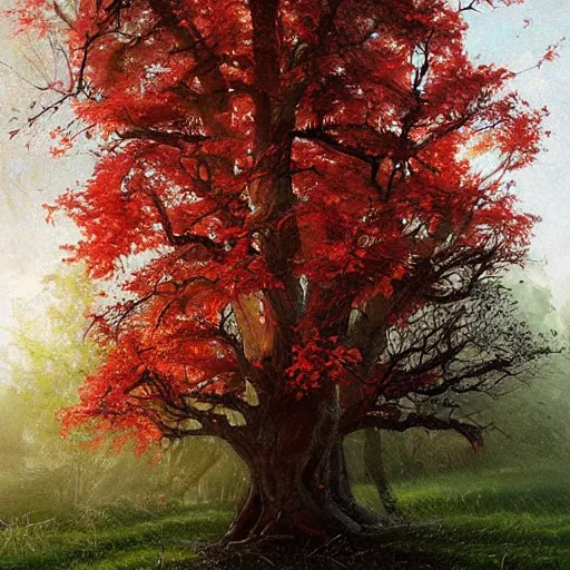 Image similar to a tree with many +++black black apples (((leaves))) +++black apples, painted by rossdraws, greg rutkowski, thomas kindkade