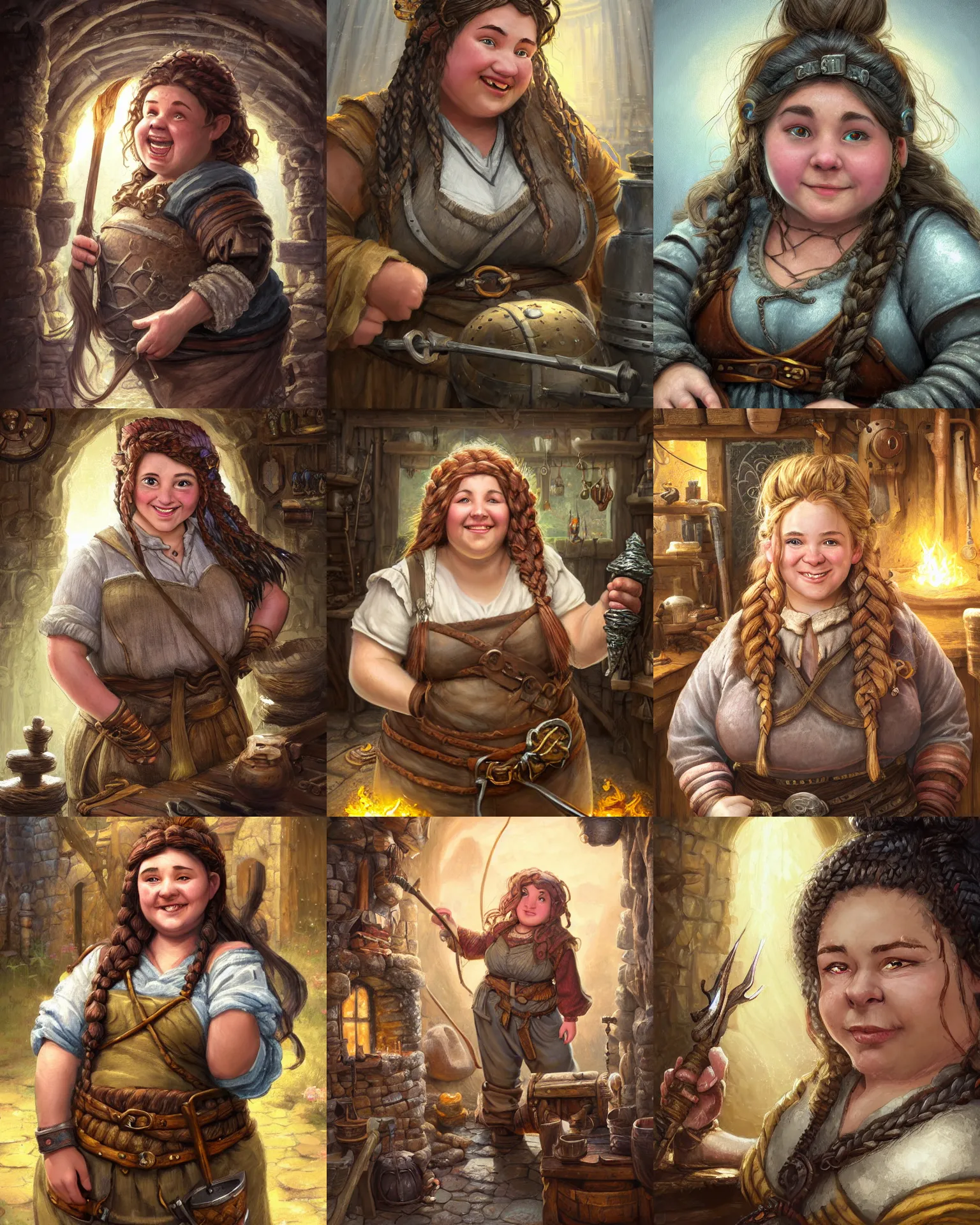 Prompt: Portrait of a cheerful chubby female dwarf blacksmith in her workshop, highly detailed face, neat intricate complex braided hair, big nose, realistic, beautiful, fantasy art, dungeons and dragons, lord of the rings, in the style of Thomas Kinkade and Wojciech Siudmak, pleasant cozy atmosphere, illustration, fantasy, intricate, hyper detailed, artstation, concept art, smooth, sharp focus, ray tracing, vibrant