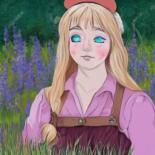 Prompt: young blonde pioneer girl in a meadow, portrait, anime style