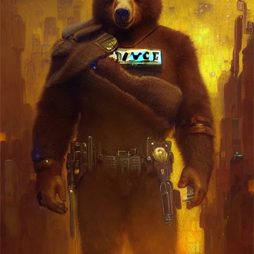 Image similar to portrait of a bear bearman in a police uniform. shadowrun furaffiniy cyberpunk fantasy highly detailed painting by gaston bussiere craig mullins jc leyendecker gustav klimt artgerm greg rutkowski john berkey, bergey, craig mullins, ruan jia, raymond swanland, jeremy mann, tom lovell, alex malveda