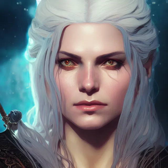 Prompt: close up portrait of a beautiful female witcher, artistic, magical mountain background with light rays, fantasy atmosphere. art by artgerm, greg rutkowski and alphonse mucha, highly detailed, intricate, lifelike. sci - fi, fantasy, magical, octane render,