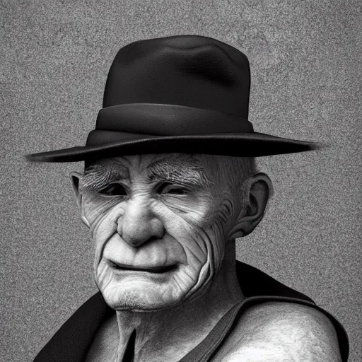 Image similar to realistic renderings of very old man portrait with a hat, astonishing scenes, photorealism