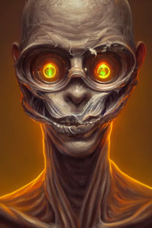 Image similar to Haunting horrifying detailed painting of a man made of cloudy smoke, golden teeth and glowing lens flare eyes, hyper detailed, trending on Artstation