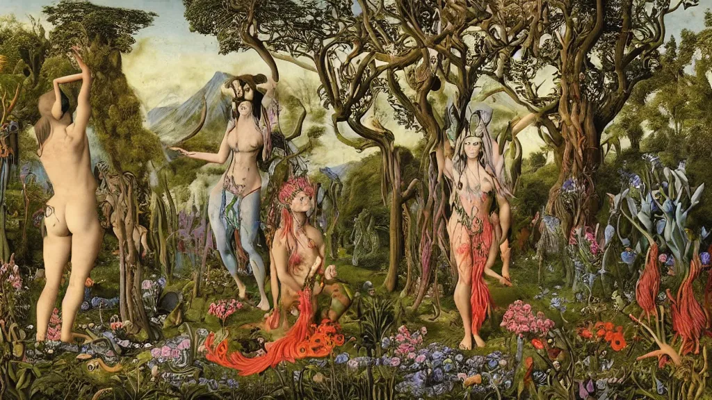 Prompt: a photograph of a meditating centaur shaman and a harpy mermaid mutating into creatures. surrounded by bulbous flowers and a few trees and wild animals. river delta with mountains under a blue sky full of burning stars and birds. painted by jan van eyck, max ernst, ernst haeckel, ernst fuchs and artgerm. trending on artstation