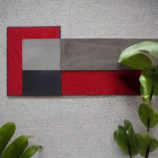 Prompt: material sample board combining concrete, red painted metal, oak, plants, dark grey carpet, architectural finishes, pinterest, trendy, expressive, warm, eye catching, interior design