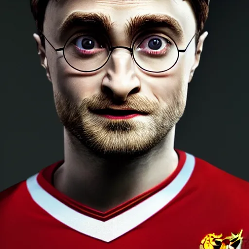 Image similar to portrait of harry potter, daniel radcliffe, wearing a liverpool jersey, highly detailed, masterpiece painting, jan van eyck, raphael, 4 k, octane render,