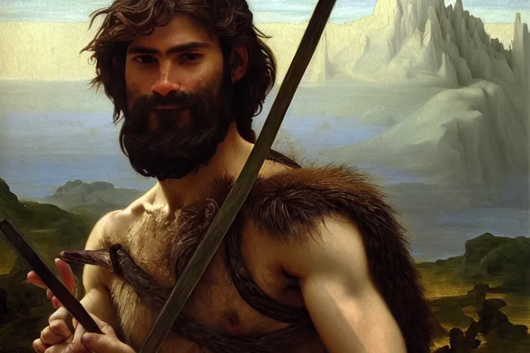 Image similar to renaissance painting full body portrait of a gruff ranger with a spear, lean and toned, handsome face, hairy chest and hairy body, D&D, intricate, elegant, highly detailed, digital painting, artstation, concept art, matte, sharp focus, chiaroscuro, well list, illustration, art by Artgerm and Greg Rutkowski and Alphonse Mucha