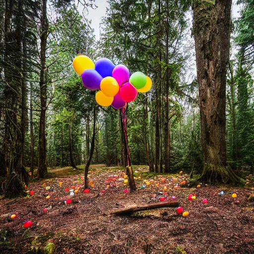 Image similar to An abandoned forest with colorful balloons, (Sony a7R IV, symmetric balance, polarizing filter, Photolab, Lightroom, 4K, Dolby Vision, Photography Award)