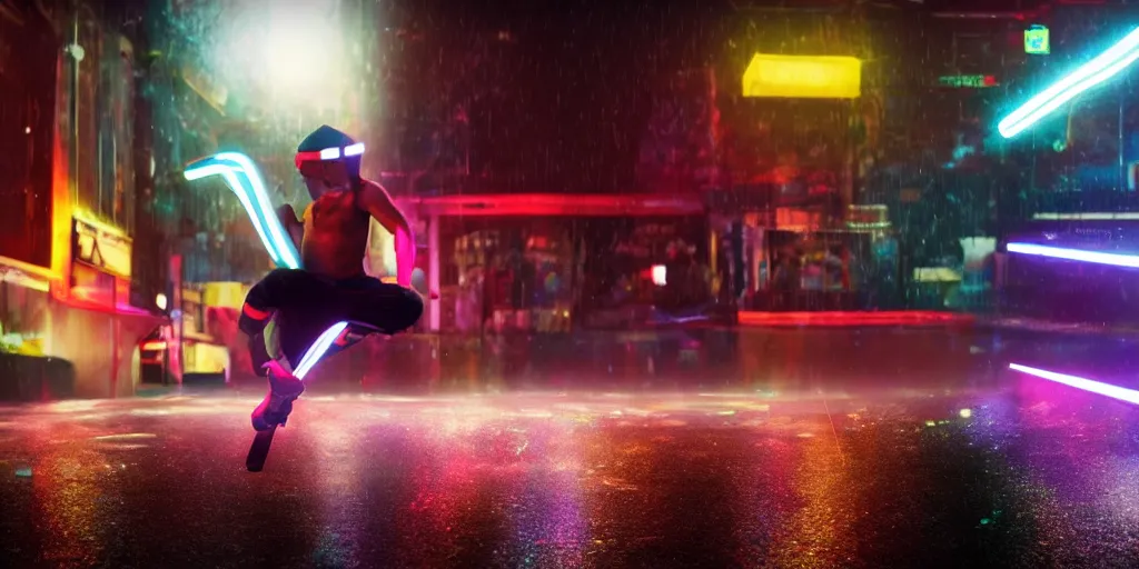 Prompt: cinematic camera wide angle of slow motion film still of futuristic break dancer wearing neon lights, long exposure shot , at night in the middle of a rainy street, paddle of water, water splashes, rim lights, glossy reflections, water droplets on lens, octane render, detailed and soft, by jimbo phillips santa cruz