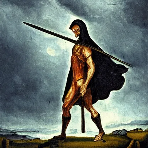 Image similar to grim reaper full figure under the stormy sky medieval art oil painting