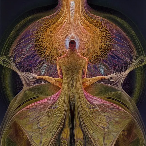 Image similar to dmt healer by alexander mcqueen, zdzisław beksinski and alphonse mucha. highly detailed, hyper - real, very beautiful, intricate fractal details, very complex, opulent, epic, mysterious, trending on deviantart and artstation, polished and minimalist redesign by zaha hadid and iris van herpen