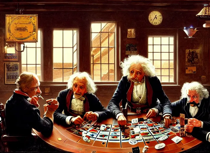 Image similar to isaac newton and stephen hawkins and albert einstein playing poker in an old west saloon, intricate, highly detailed, centered, digital painting, artstation, concept art, smooth, sharp focus, illustration, art by james gurney and norman rockwell and greg rutkowski