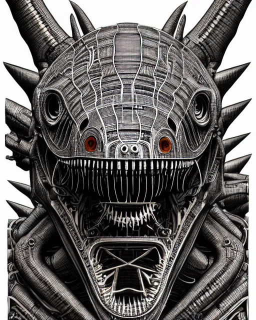 Image similar to intricate mechanical robot trex dinosaur head, transformer, symmetrical illustration, bold line symmetrical illustration by peter gric, hr giger, kim jung gi, joe fenton, scifi, screen print, trending on art station, sharp, high contrast, ultrafine hyper detailed, hd,