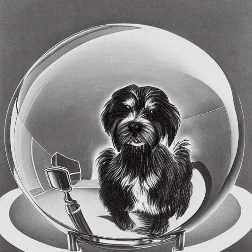 Prompt: self portrait of a havanese dog reflecting into a chrome sphere, 1 9 5 0 s desk and office in the background, pen on paper, by mc escher