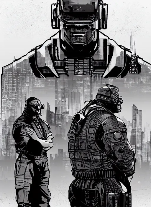 Image similar to Dumb Bubba. Buff cyberpunk meathead trying to intimidate a hacker. Large man looms over smaller figure. Realistic Proportions. Concept art by James Gurney and Laurie Greasley. Moody Industrial skyline. ArtstationHQ. Creative character design for cyberpunk 2077.