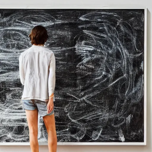 Image similar to large scale chalkboard painting by cy twombly, sparse brush strokes, high resolution art scan, well lit