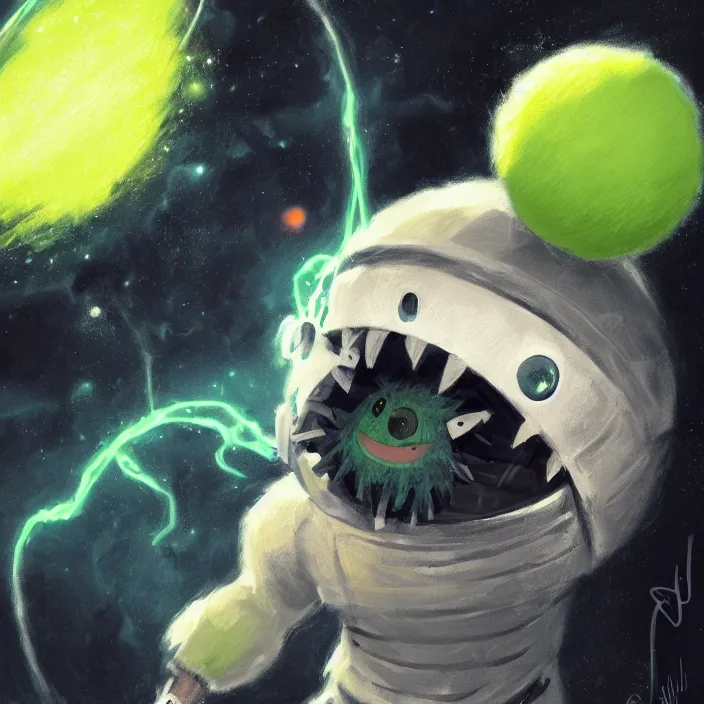 Image similar to cinematic portrait of a cute tennis ball monster in the abyss of space, chalk, masterpiece, trending on artstation, featured on pixiv, cinematic composition, dramatic pose, beautiful lighting, sharp details, hyper - detailed, hd, hdr, 4 k, 8 k, art by basil gogos