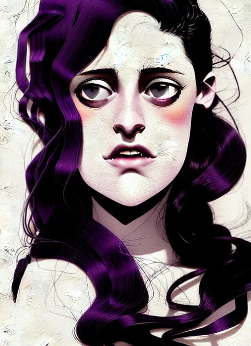 Image similar to highly detailed closeup portrait of beautiful carly chaikin as darlene alderson, wavy black hair, by atey ghailan, by greg rutkowski, by greg tocchini, by james gilleard, by joe fenton, by kaethe butcher, gradient purple, black and white color scheme, grunge aesthetic!!! ( ( graffiti tag wall background ) )