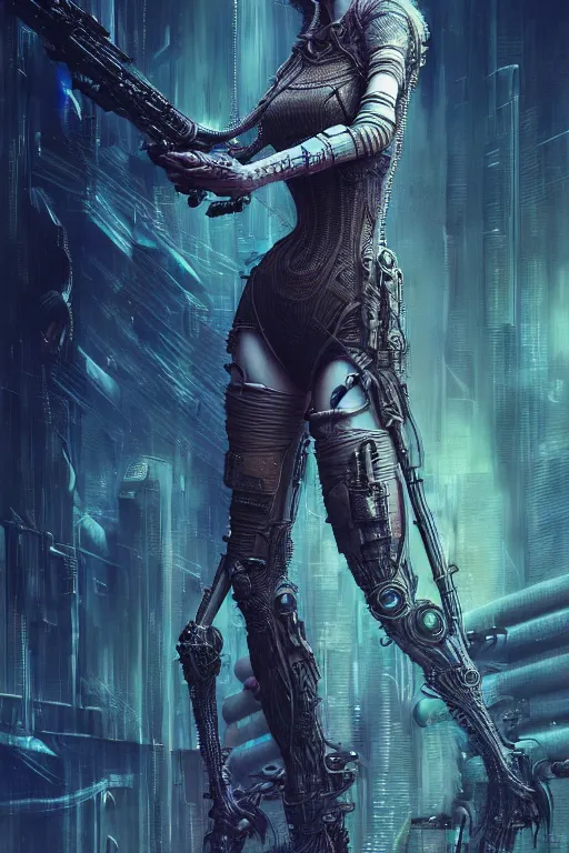 Prompt: a highly detailed long shot photo of cyberpunk female character by ayami kojima, elf, beksinski, giger, elf, rifle, intricate, digital painting, artstation, concept art, smooth, sharp focus, full body