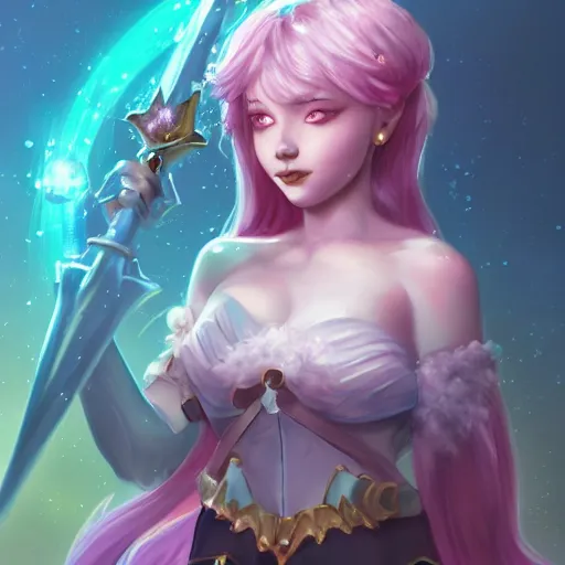 Image similar to a high fantasy portrait of a magical girl celestial, very beautiful, very attractive, trending on artstation, cool colorscheme, unreal engine, painted by artgem