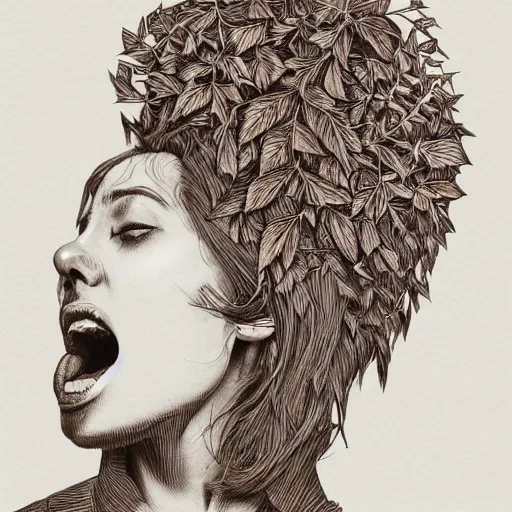 Image similar to Copper engraving of a woman screaming, ivy creeping around her face, artstation, intricate, 8k, award-winning