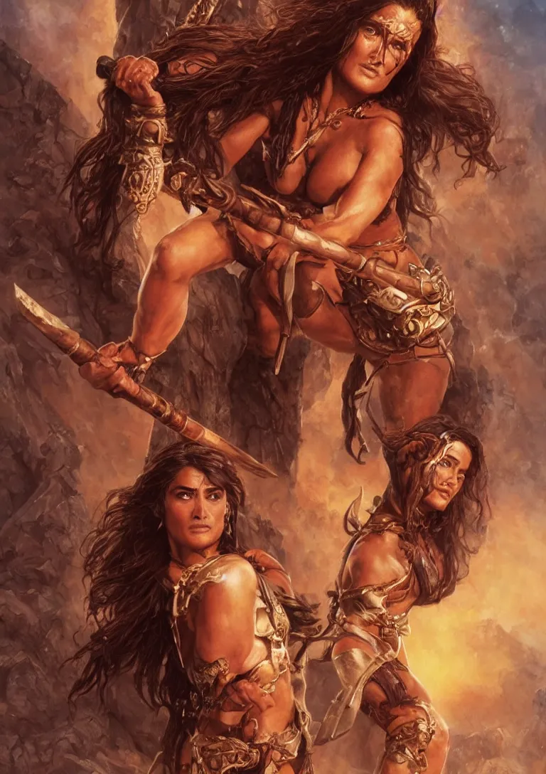 Image similar to young Salma Hayek as a barbarian from conan, detailed, centered, digital painting, artstation, concept art, donato giancola, Joseph Christian Leyendecker, WLOP, Boris Vallejo, Breathtaking, 8k resolution, extremely detailed, beautiful, establishing shot, artistic, hyperrealistic, beautiful face, octane render