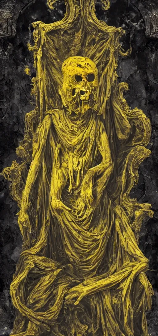 Prompt: an ancient figure draped in a tattered yellow garment sitting upon a throne, cosmic horror, dark, lovecraftian, 4K, ornate stone,