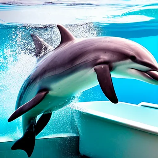 Prompt: Photo of a dolphin swimming in a bathtub