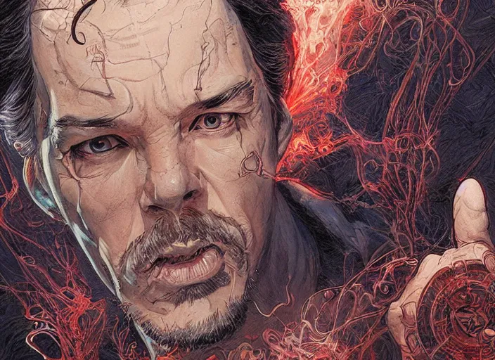 Prompt: a highly detailed terrifying portrait of stephen strange, james gurney, james jean