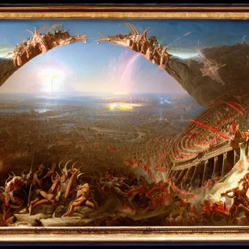 Prompt: alien invasion, epic, magnificent, the last judgement, insanely detailed and intricate, 8 k, fall of the roman empire by thomas cole