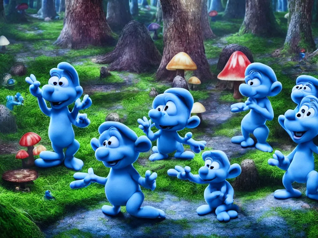 Image similar to smurfs partying in the enchanted forest in their magic mushroom town, photorealistic painting, cgi, low volumetric light, movie still, very cute and cozy and fluffy and sweet