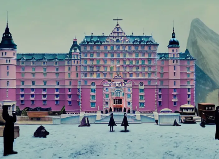 Image similar to a film still of a funeral in the grand budapest hotel ( 2 0 1 4 )