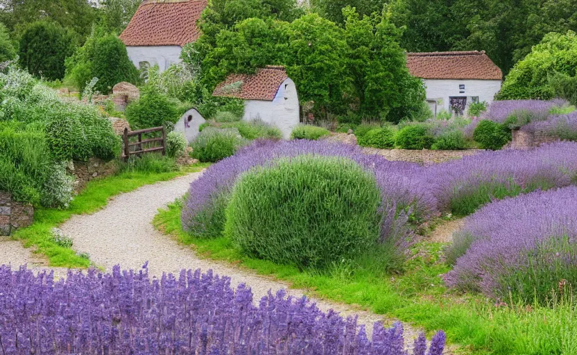 Prompt: Dutch limestone cottage farm, Jerkinhed roof, rustic wood timberwork lavender bushes in the garden, full of flowers, surrounded by oak trees, a cobblestone pathway, dawn, 8K