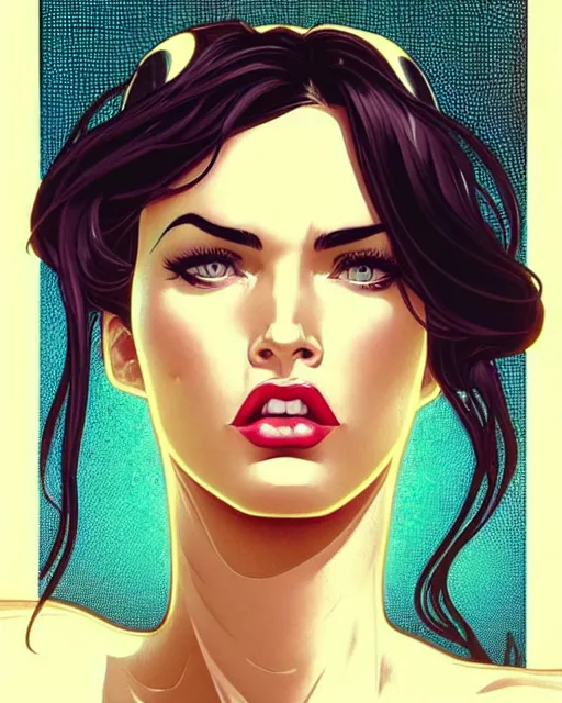 Image similar to low angle closeup very seductive megan fox retro scifi goddess pinup, vr goggles, action glamour pose, windblown dark hair, hyper detailed, digital art, studio lighting, smooth, ambient lighting, sharp focus, frank miller, wlop, anna dittmann, moebius!, alphonse mucha, patrick nagle!!!, rim lighting, synthwave