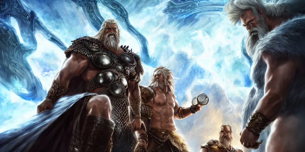 prompthunt: a epic and fantasy concept art of ragnarok, zeus, thor, by  tsuyoshi nagano, god of wars, aion, hyperdetailed, 8 k realistic,  symmetrical, wallpaper, long shot, frostbite 3 engine, cryengine, dof,  trending