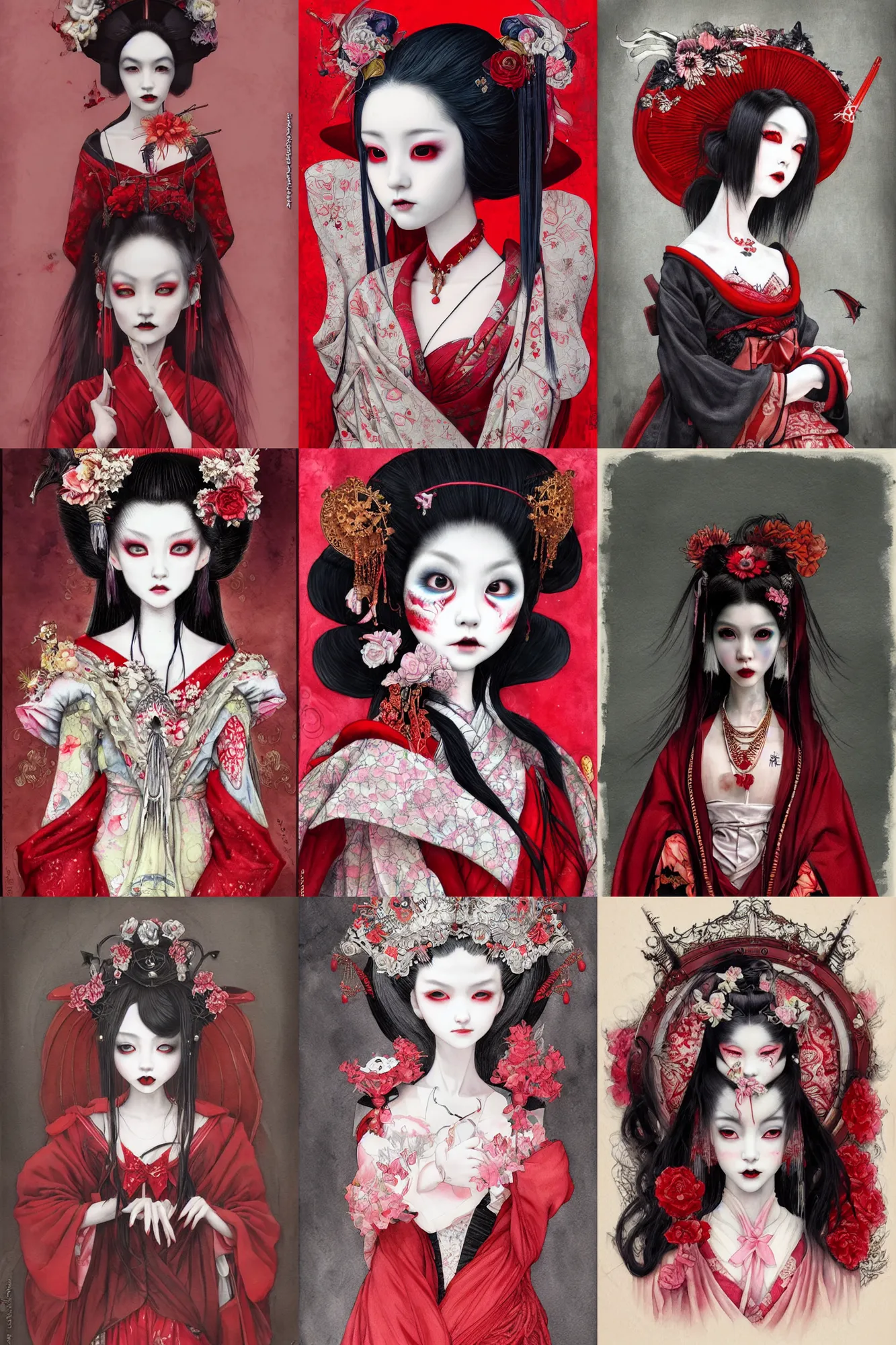 Image similar to watercolor painting of a japanese bjd geisha vampire queen with a long neck in a victorian lolita fashion red dress in the style of dark - fantasy painted by tom bagshaw, amy sol, nekro, dmt art, symmetrical vogue face portrait, intricate detail, artstation, cgsociety, artgerm, rococo