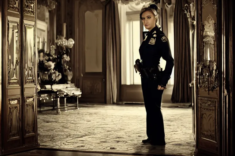 Image similar to cinematography closeup portrait of a beautiful woman cop in an decadent mansion foyer by Emmanuel Lubezki