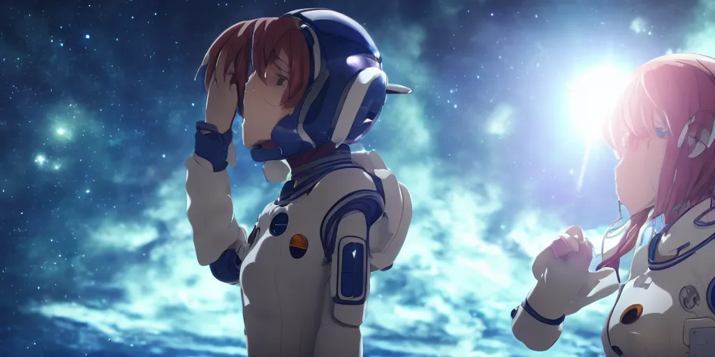 Prompt: High resolution photo of an anime girl in a spacesuit in awe at the beauty of the universe, 4k/8k, Cinematic Movie Photograph, Cinematic Lighting