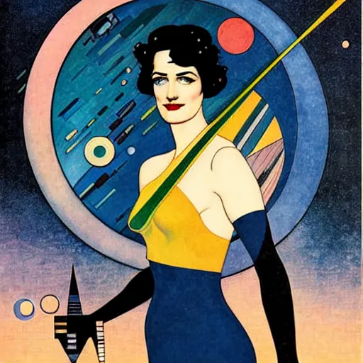 Image similar to Art by Coles Phillips, Eva Green as Space Commander Zeta from the Year 3000, Mucha, Kandinsky,