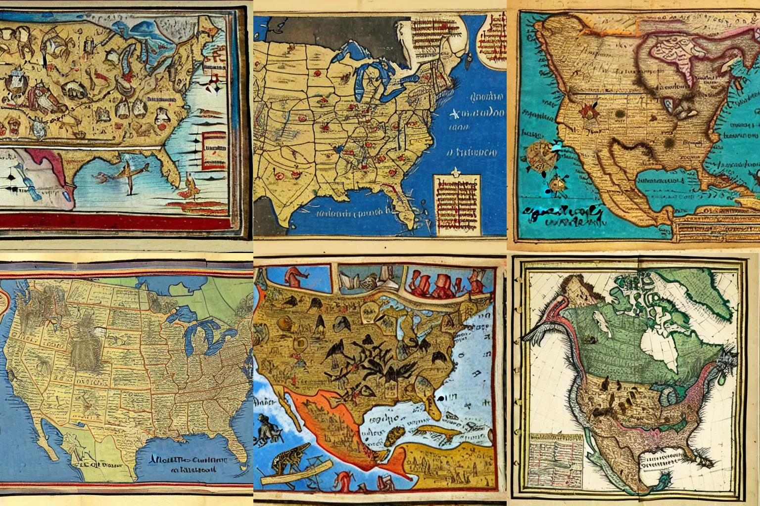 Prompt: medieval manuscript map of the whole North America with American cryptids and presidents
