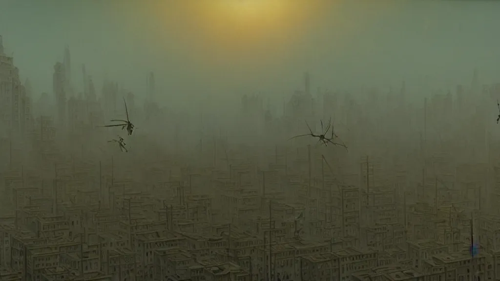 Image similar to giant insects crush a city, film still from the movie directed by Denis Villeneuve with art direction by Zdzisław Beksiński, close up, low angle, golden hour