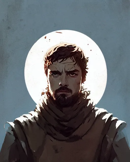 Image similar to portrait lord from game of thrones by atey ghailan, by greg rutkowski, by greg tocchini, by james gilleard, by joe fenton, by kaethe butcher, dynamic lighting, gradient light blue, brown, blonde cream and white color scheme, grunge aesthetic