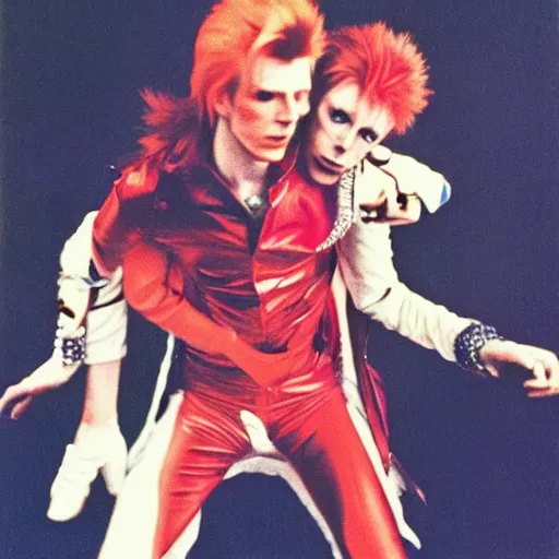 Prompt: david bowie giving a piggy back ride to ziggy stardust. glam rock. cosmic. andy warhol.